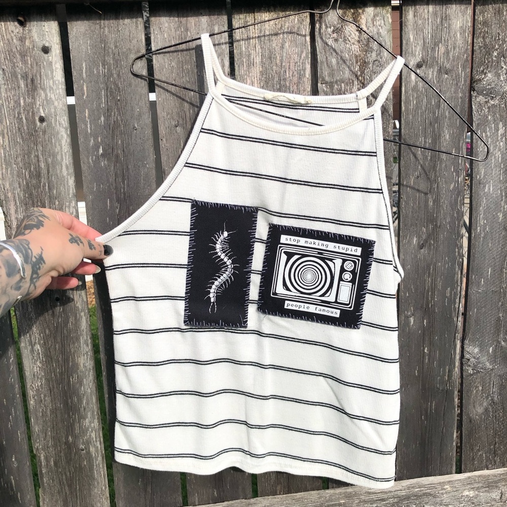 Striped White & Black Tank Top with screen printed Graphic Patches